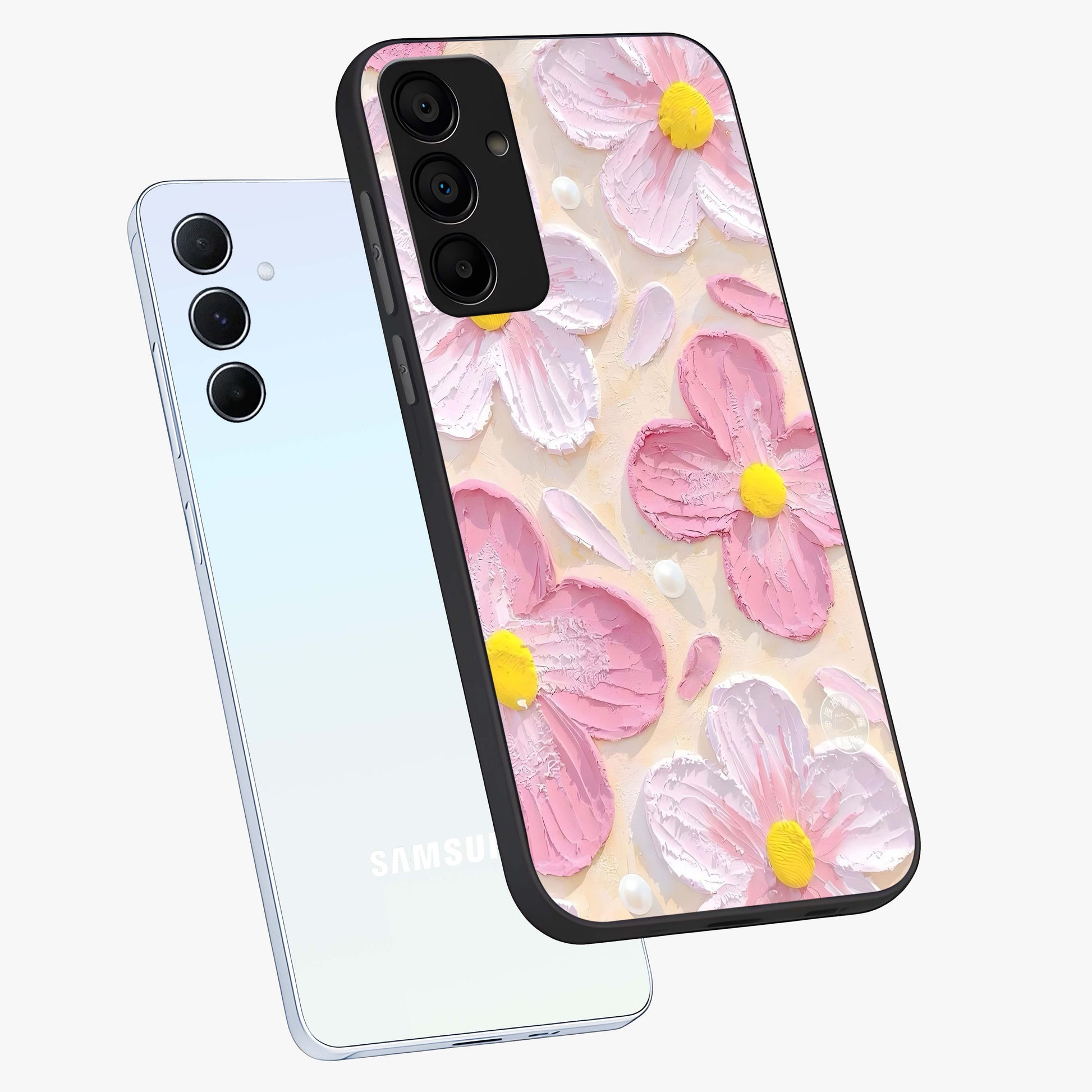 Blush Bloom Texture Glass Case displayed in angled mockup highlighting subtle bloom pattern with aesthetic pastel design.