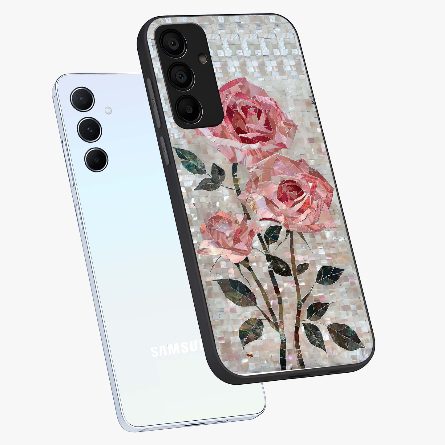 Blush Mosaic Bloom Glass Case displayed in angled mockup highlighting artistic mosaic flower pattern with aesthetic design.