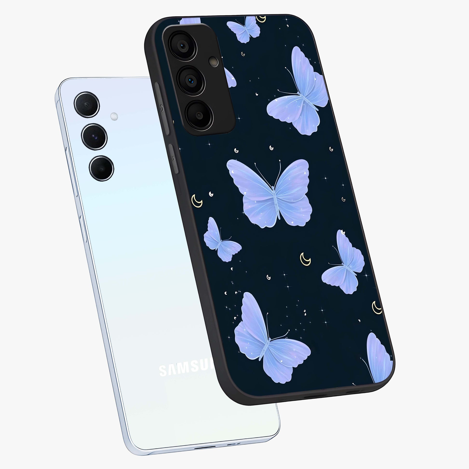 Butterfly With Stars Pattern Glass Case displayed in angled mockup highlighting dreamy butterfly and star design with aesthetic theme.