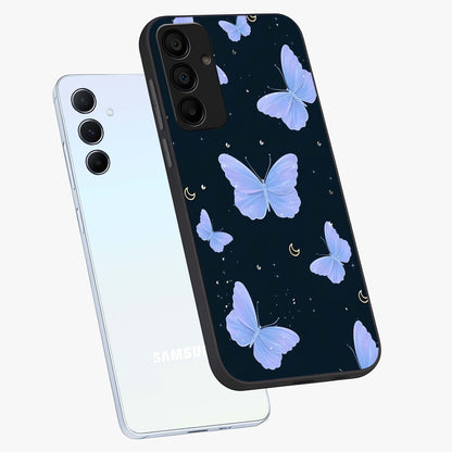Butterfly With Stars Pattern Glass Case displayed in angled mockup highlighting dreamy butterfly and star design with aesthetic theme.