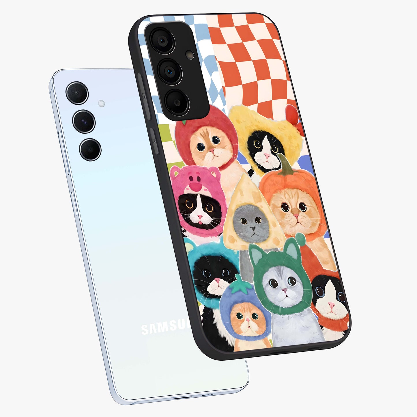 Cats in Fruits Glass Case displayed in angled mockup highlighting cute feline fruit design with colorful aesthetic style.