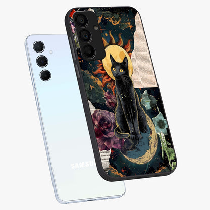 Celestial Black Cat Glass Case displayed in angled mockup highlighting cosmic black cat design with celestial aesthetic.