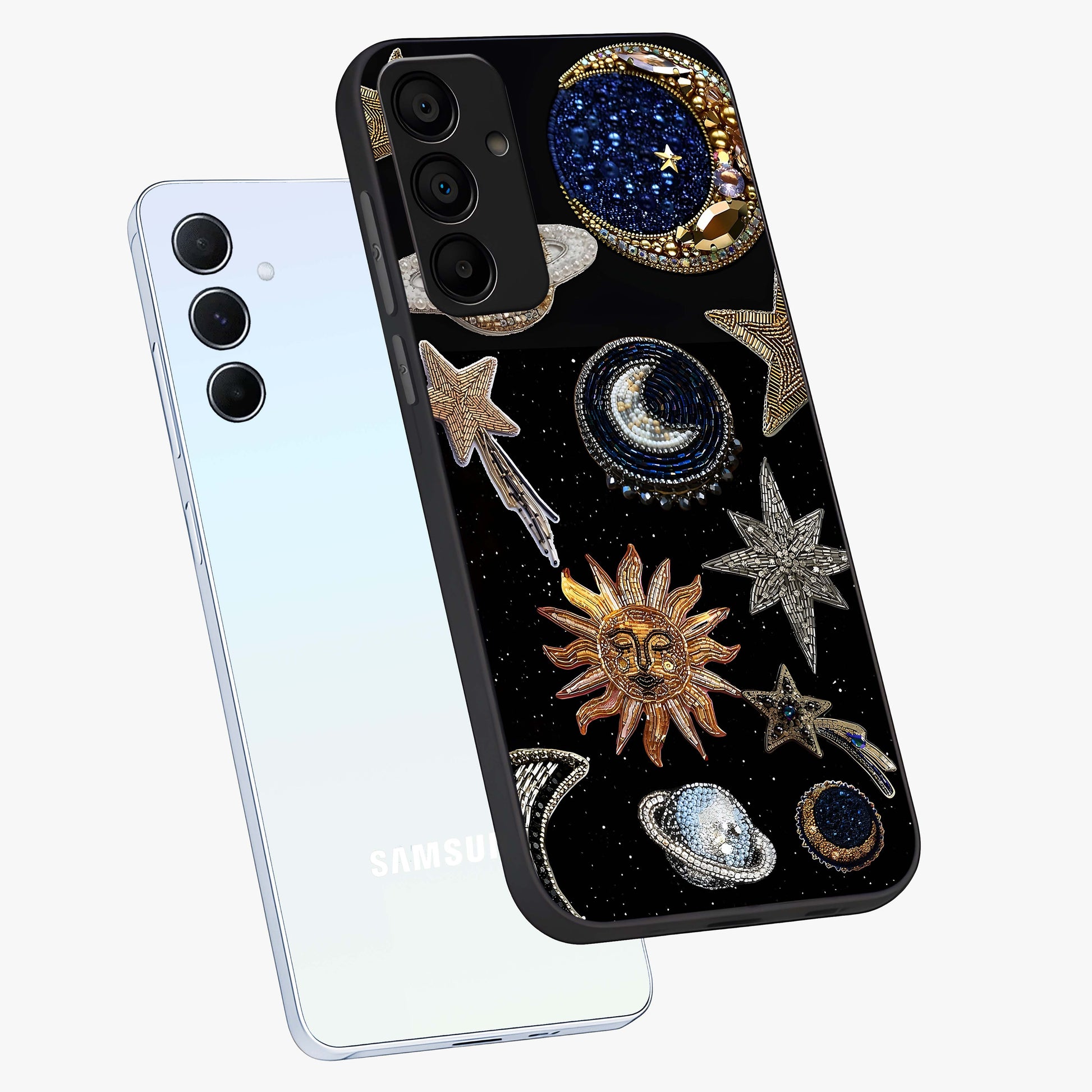 Celestial Gem Constellations Glass Case displayed in angled mockup highlighting gemstone inspired constellation design.