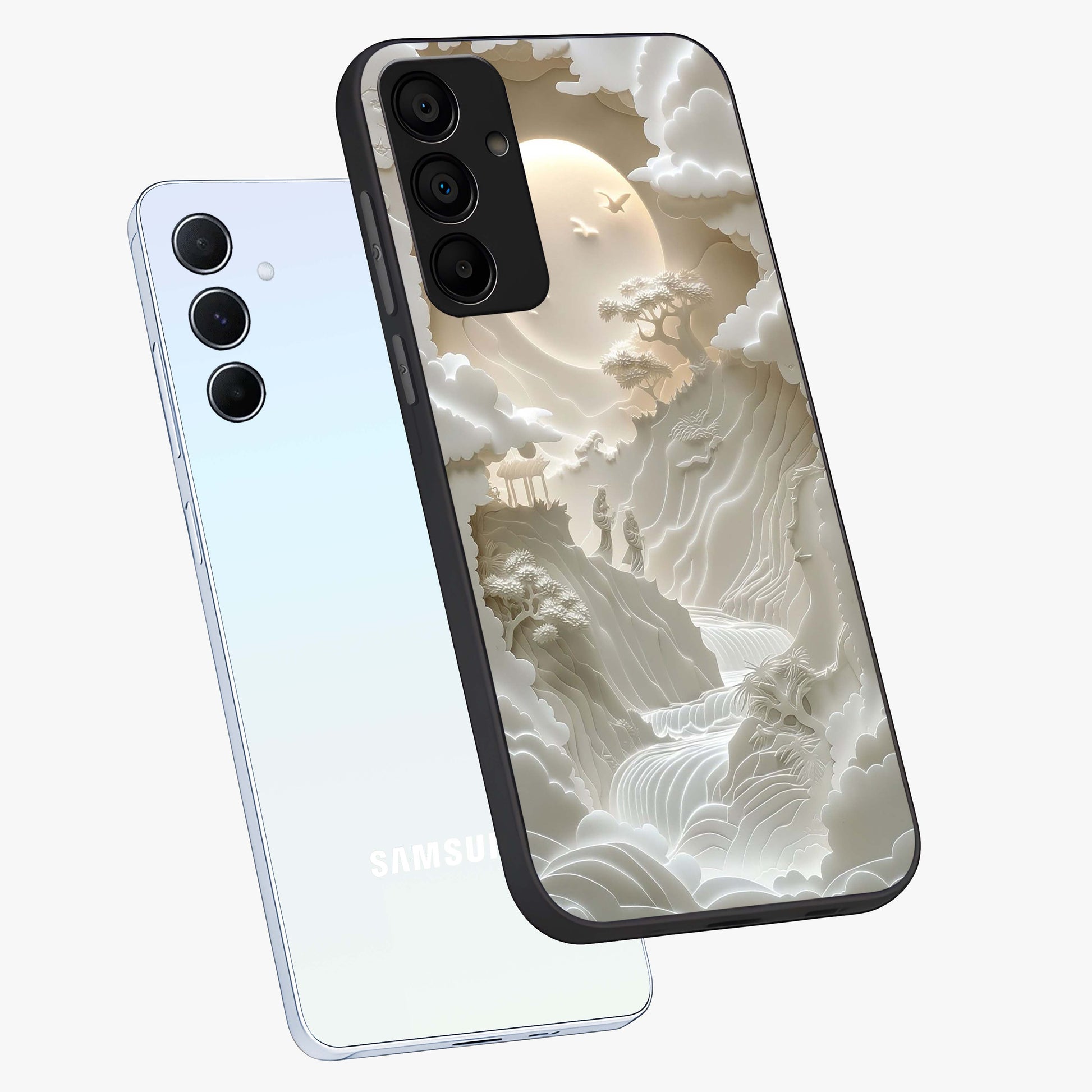 Celestial Origami Glass Case displayed in angled mockup highlighting geometric origami design with cosmic aesthetic theme.