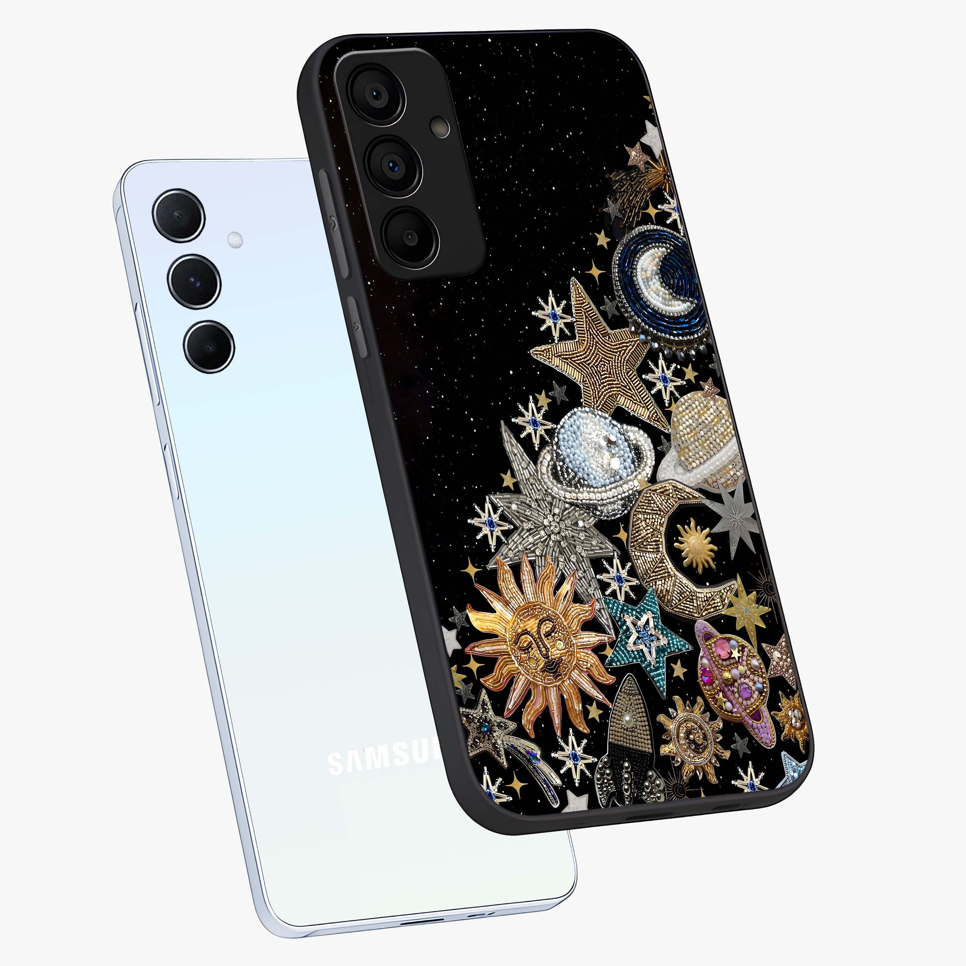 Cosmic Sparkle Dreams Glass Case displayed in angled mockup highlighting dreamy star sparkle design with celestial aesthetic.