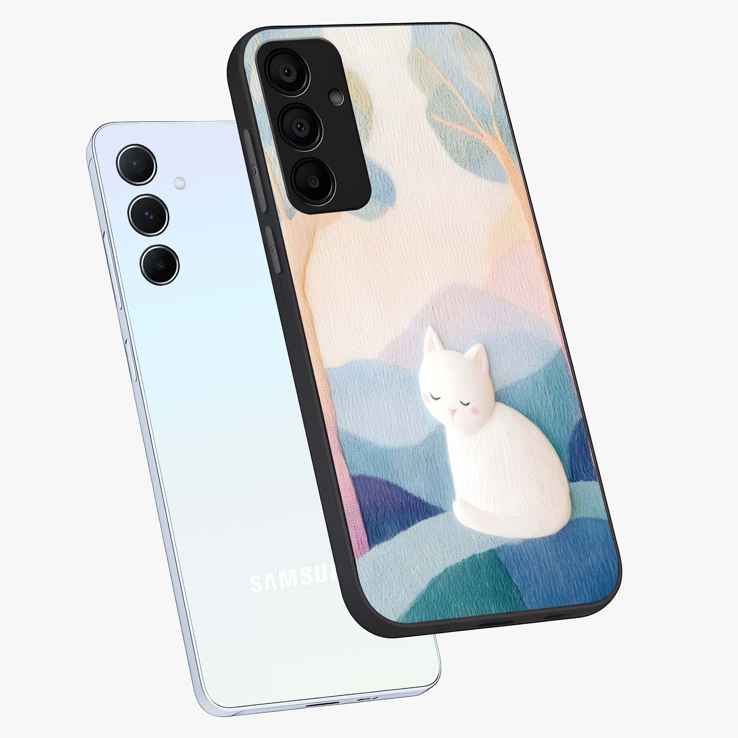 Cotton Dream Cat Glass Case displayed in angled mockup highlighting cute feline illustration with pastel aesthetic style.