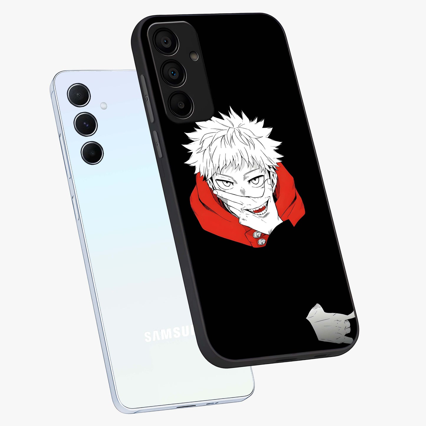 Crimson Chaos Smile Glass Case displayed in angled mockup highlighting edgy crimson smile design with graphic aesthetic.