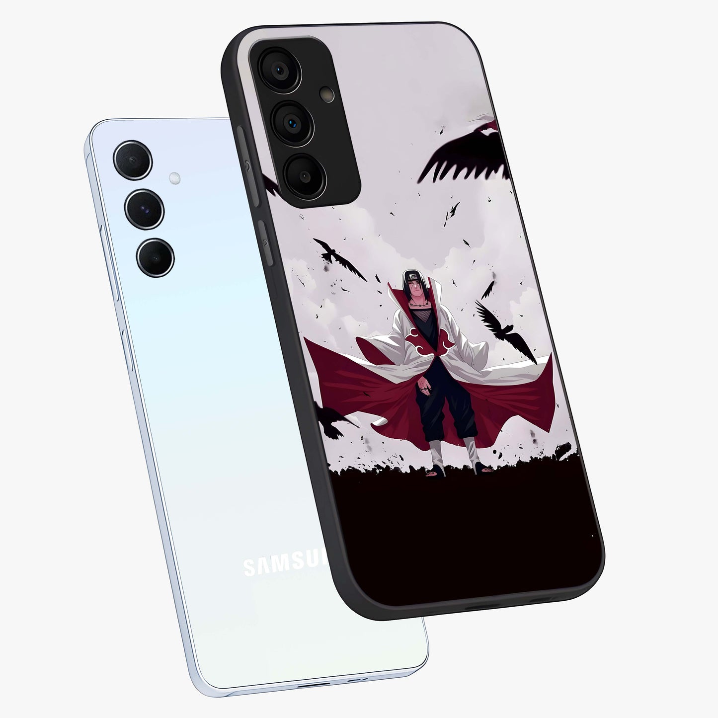 Crimson Crow Ascension Glass Case displayed in angled mockup highlighting powerful crow illustration with dark crimson aesthetic.