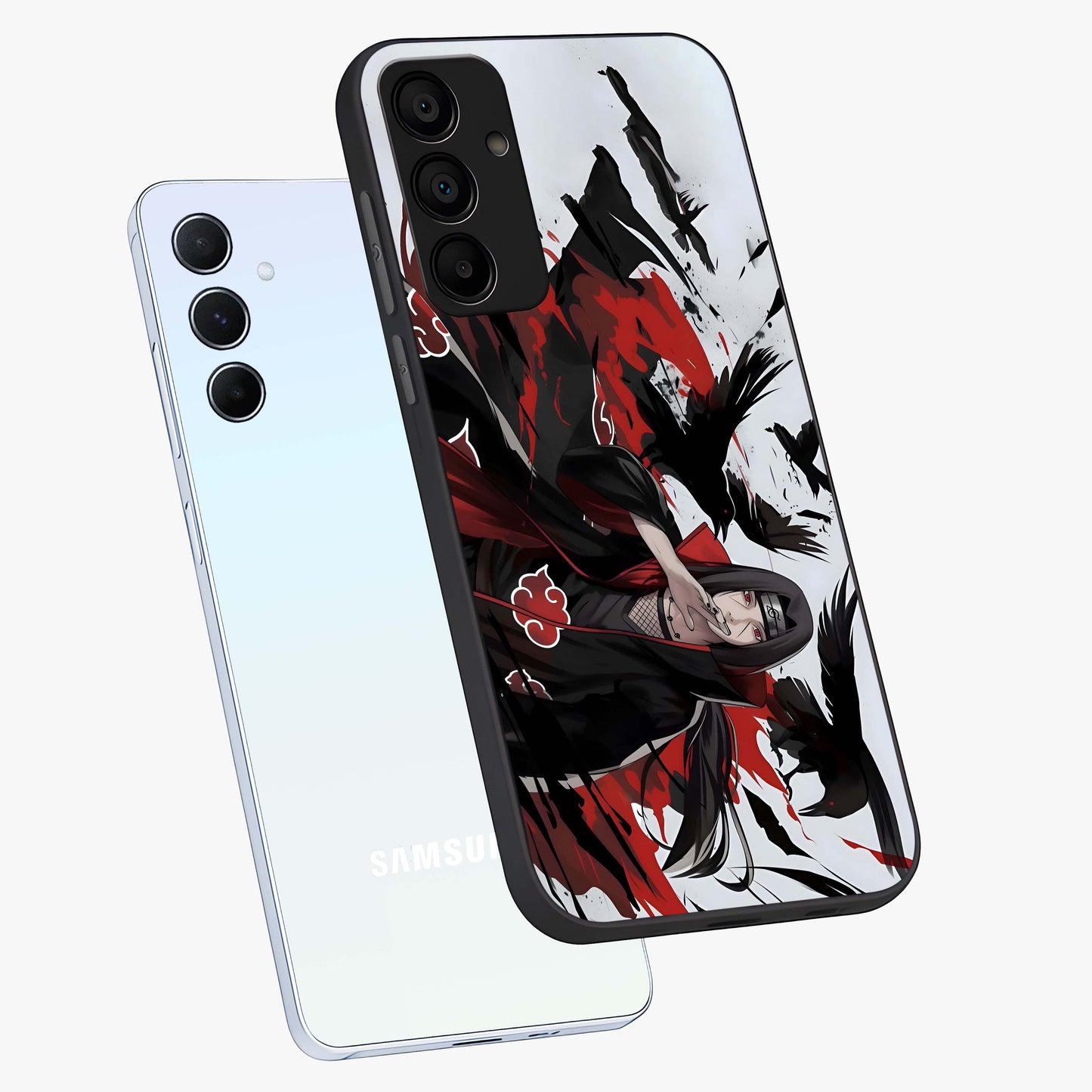 Crimson Crow Illusion Glass Case displayed in angled mockup highlighting mysterious crow graphic with dark aesthetic style.