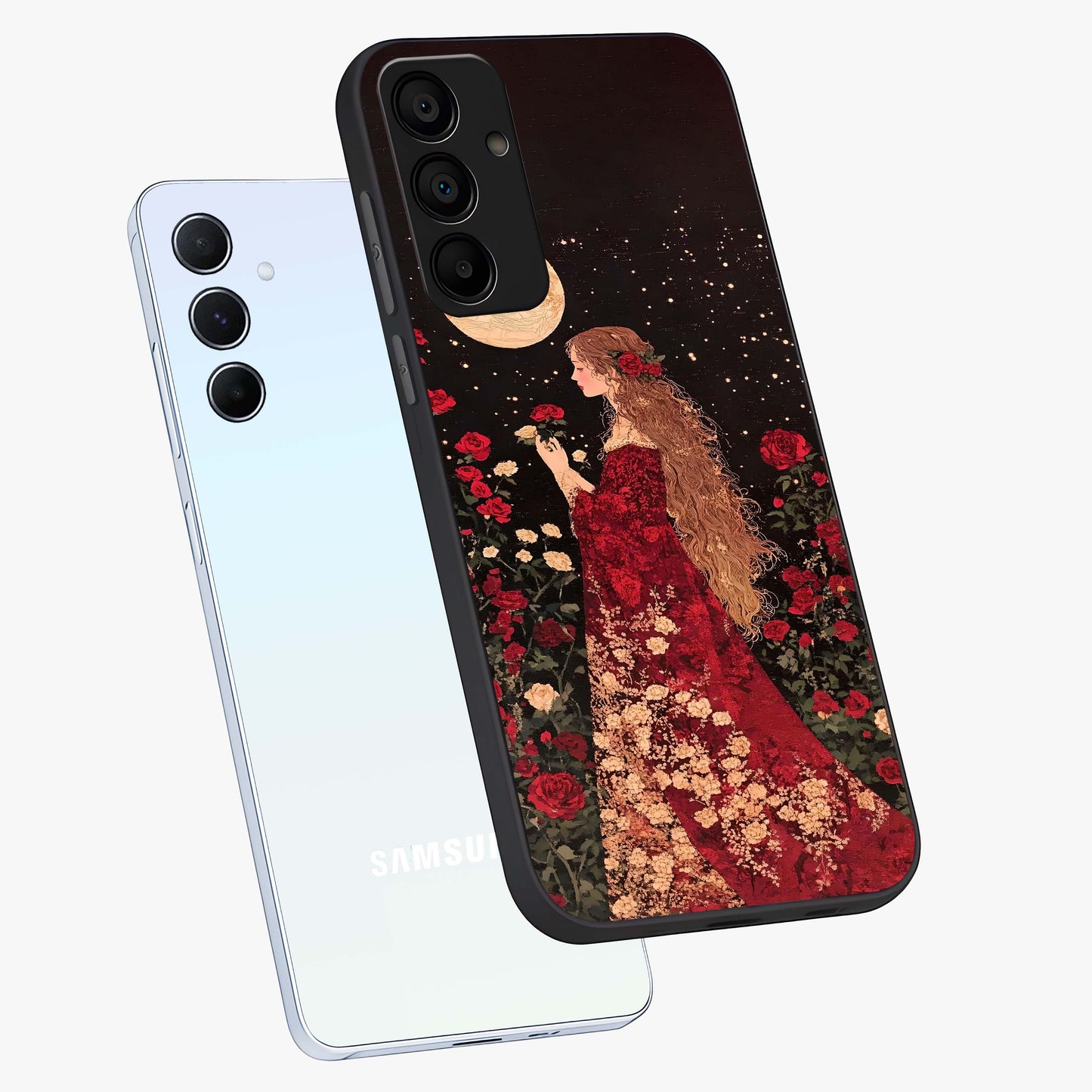 Crimson Dreams Glass Case displayed in angled mockup highlighting soft crimson aesthetic design with artistic theme.