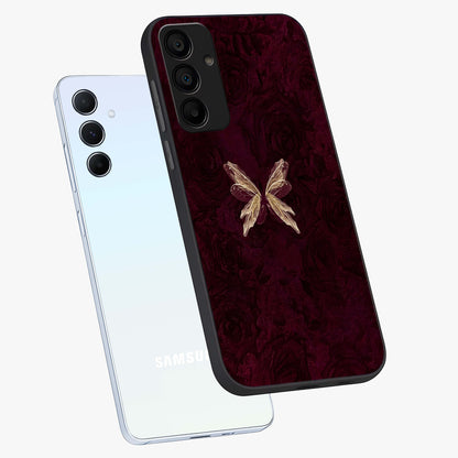 Crimson Fade Butterfly Glass Case displayed in angled mockup highlighting elegant butterfly design with crimson gradient aesthetic.