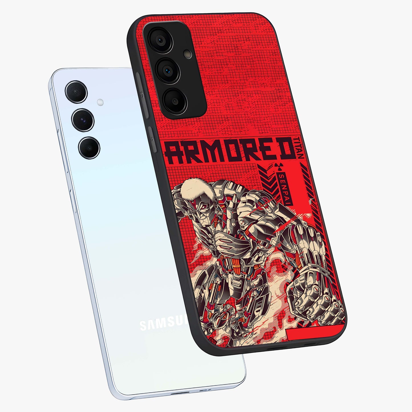 Crimson Mecha Titan Glass Case displayed in angled mockup highlighting futuristic mech illustration with bold crimson aesthetic.