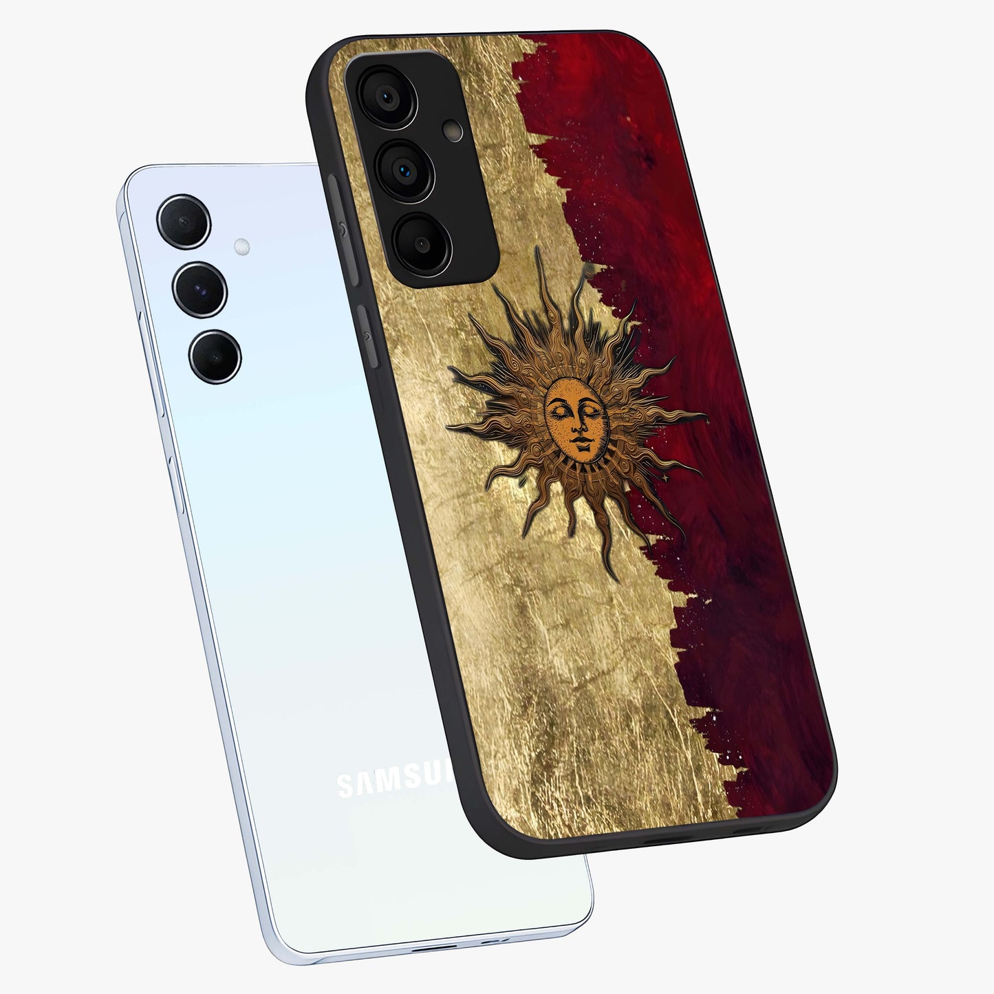 Crimson Sun Majesty Glass Case displayed in angled mockup highlighting majestic crimson sun design with bold aesthetic style.