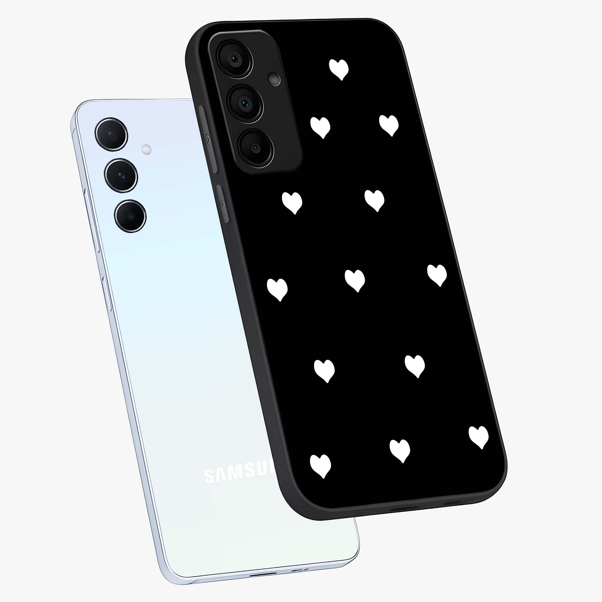 Cute And Simple White Hearts Glass Case displayed in angled mockup highlighting cute heart design with clean aesthetic style.