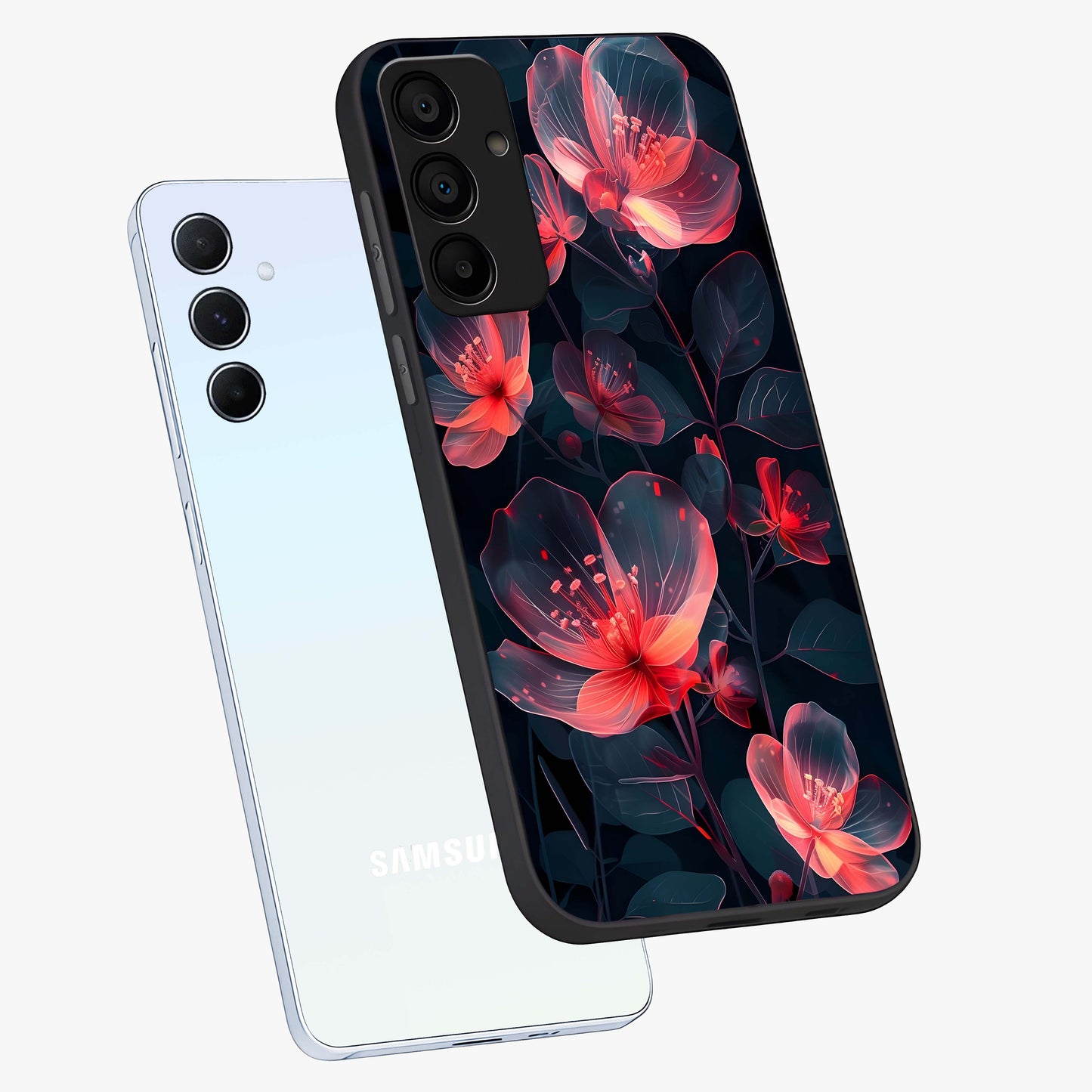 Dark Shade of Flower Glass Case displayed in angled mockup highlighting moody floral illustration with aesthetic dark tones.