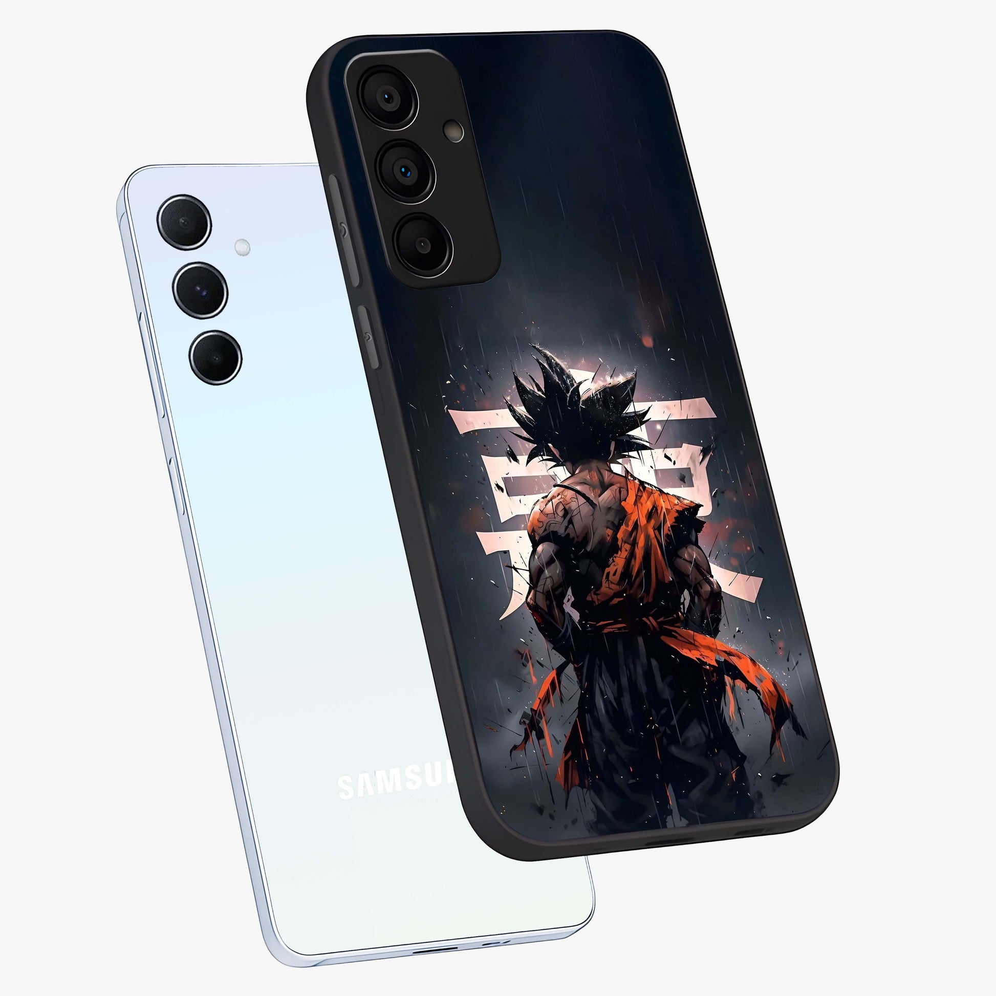 Dark Warrior In Rain Glass Case displayed in angled mockup highlighting dramatic warrior illustration with dark rain aesthetic.
