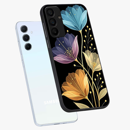 Delicate Multicolor Flowers Glass Case displayed in angled mockup highlighting colorful flower pattern with soft aesthetic style.