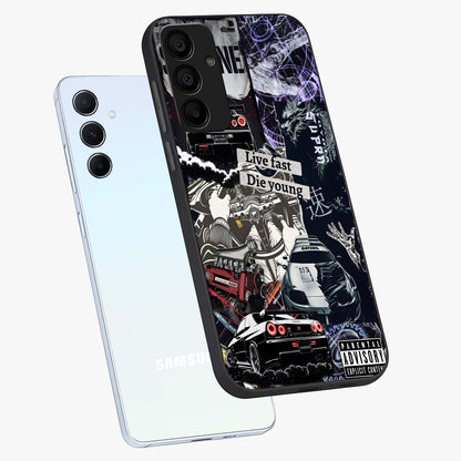 Die Young Glass Case displayed in angled mockup highlighting expressive graphic artwork with edgy aesthetic style.