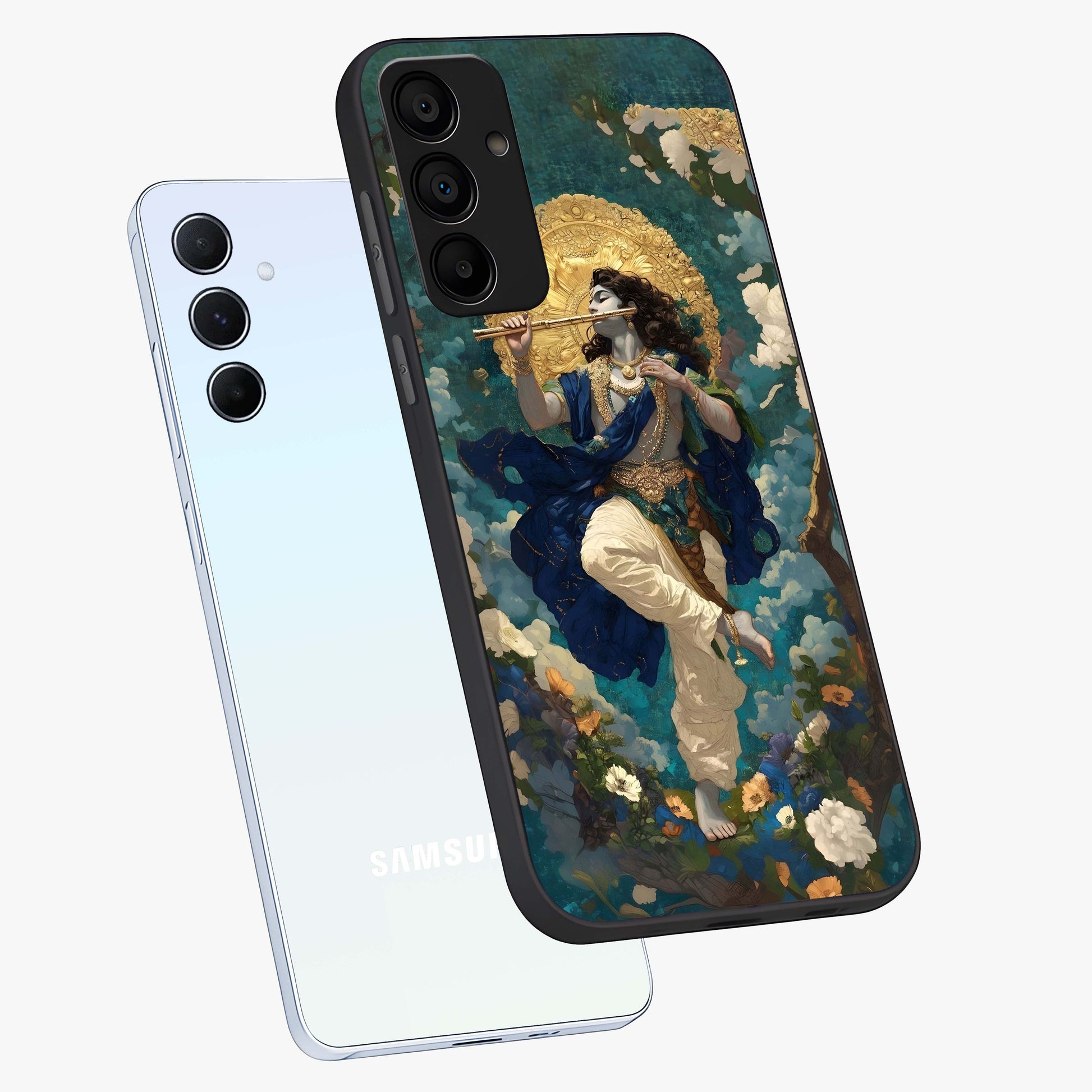 Divine Krishna Art Glass Case displayed in angled mockup highlighting spiritual Krishna illustration with devotional aesthetic.