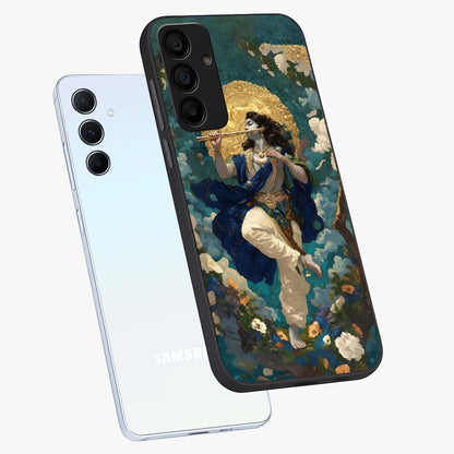 Divine Krishna Art Glass Case displayed in angled mockup highlighting spiritual Krishna illustration with devotional aesthetic.