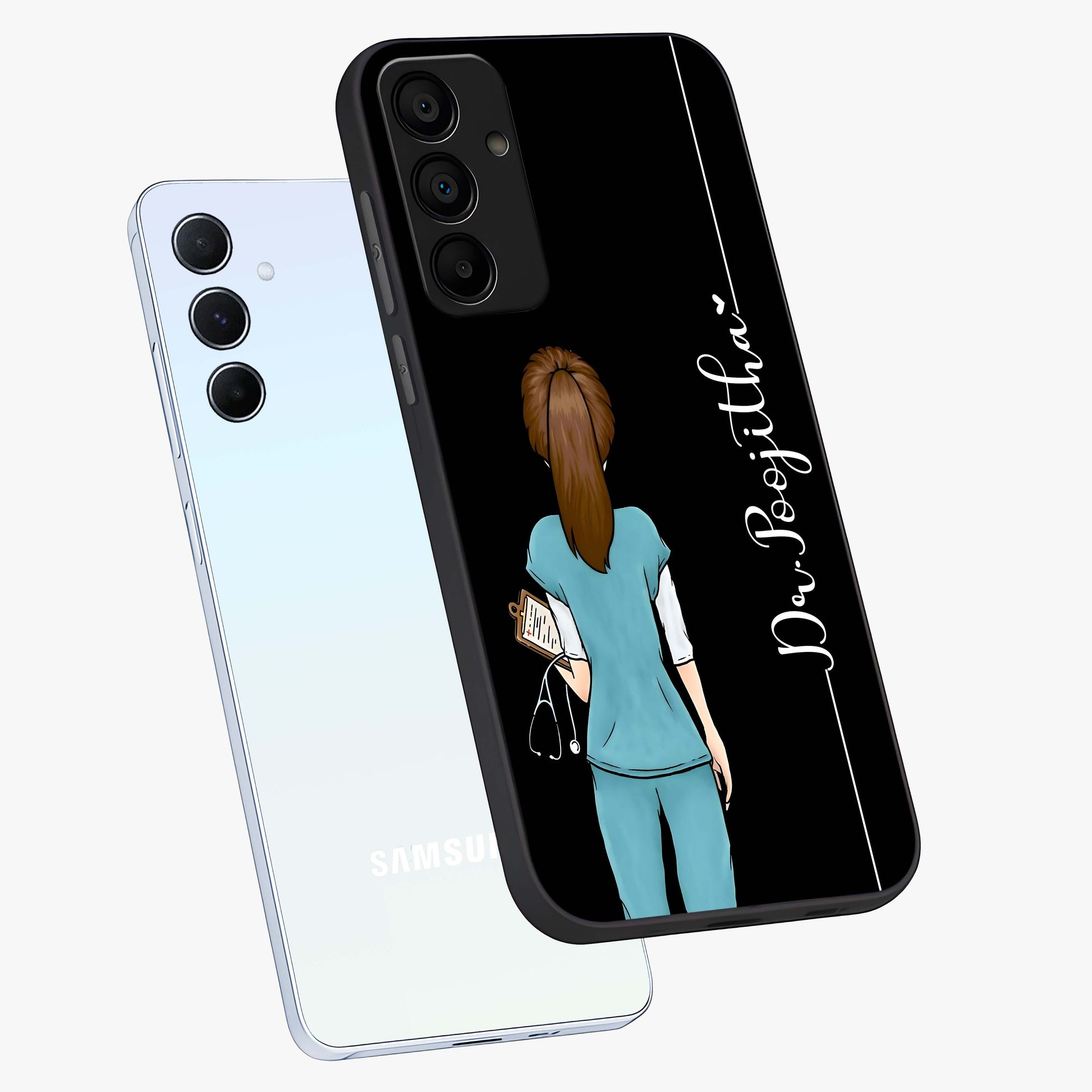 Doctor Pattern Custom Name Glass Case displayed in angled mockup highlighting doctor inspired artwork with custom name feature.