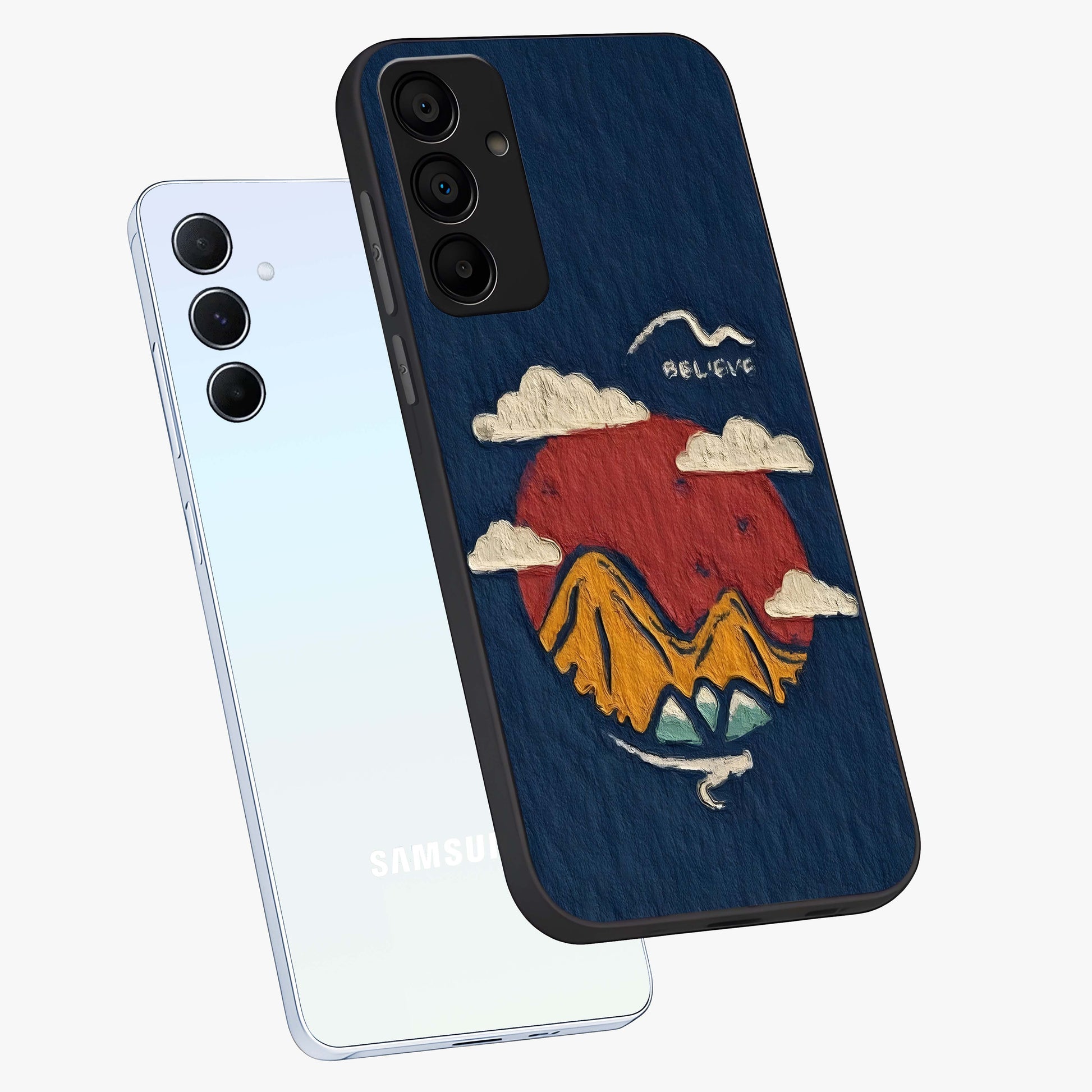 Dream Beyond Mountains Glass Case displayed in angled mockup highlighting dreamy mountain illustration with peaceful aesthetic.