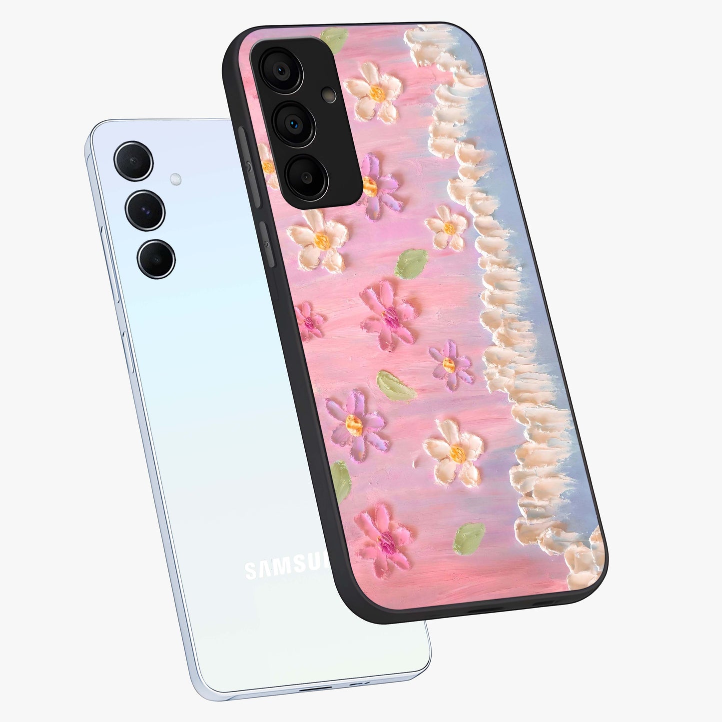 Dreamy Painted Garden Glass Case displayed in angled mockup highlighting colorful garden illustration with dreamy aesthetic style.