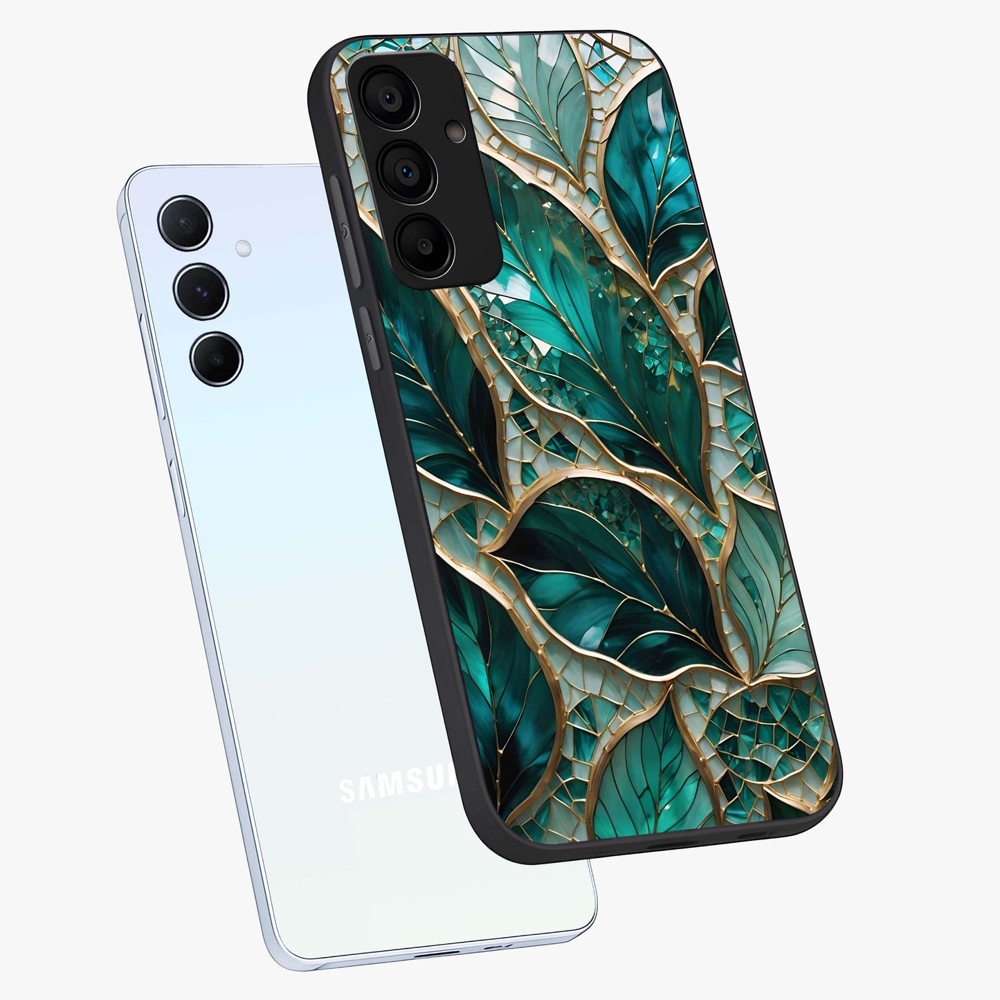 Emerald Leaf Glass Glass Case displayed in angled mockup highlighting botanical leaf illustration with elegant natural aesthetic.