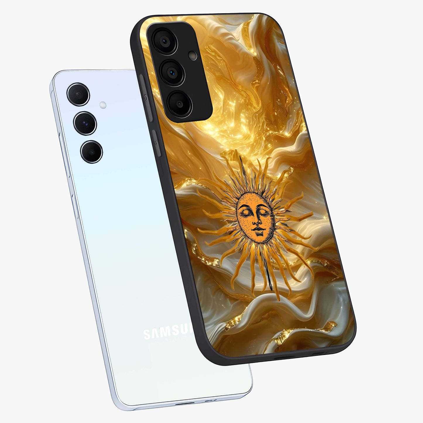 Eternal Golden Glow Glass Case displayed in angled mockup highlighting glowing golden aesthetic design with elegant style.