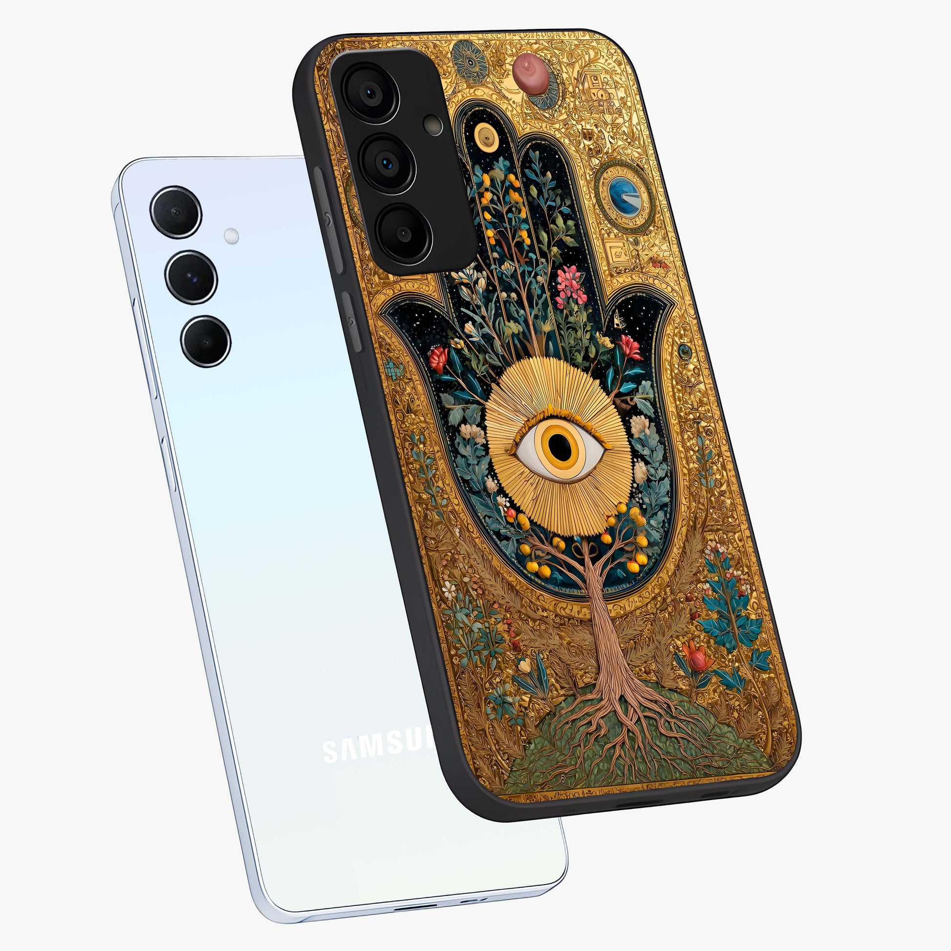 Ethereal Evil Eye Glass Case displayed in angled mockup highlighting protective evil eye symbol with spiritual aesthetic design.