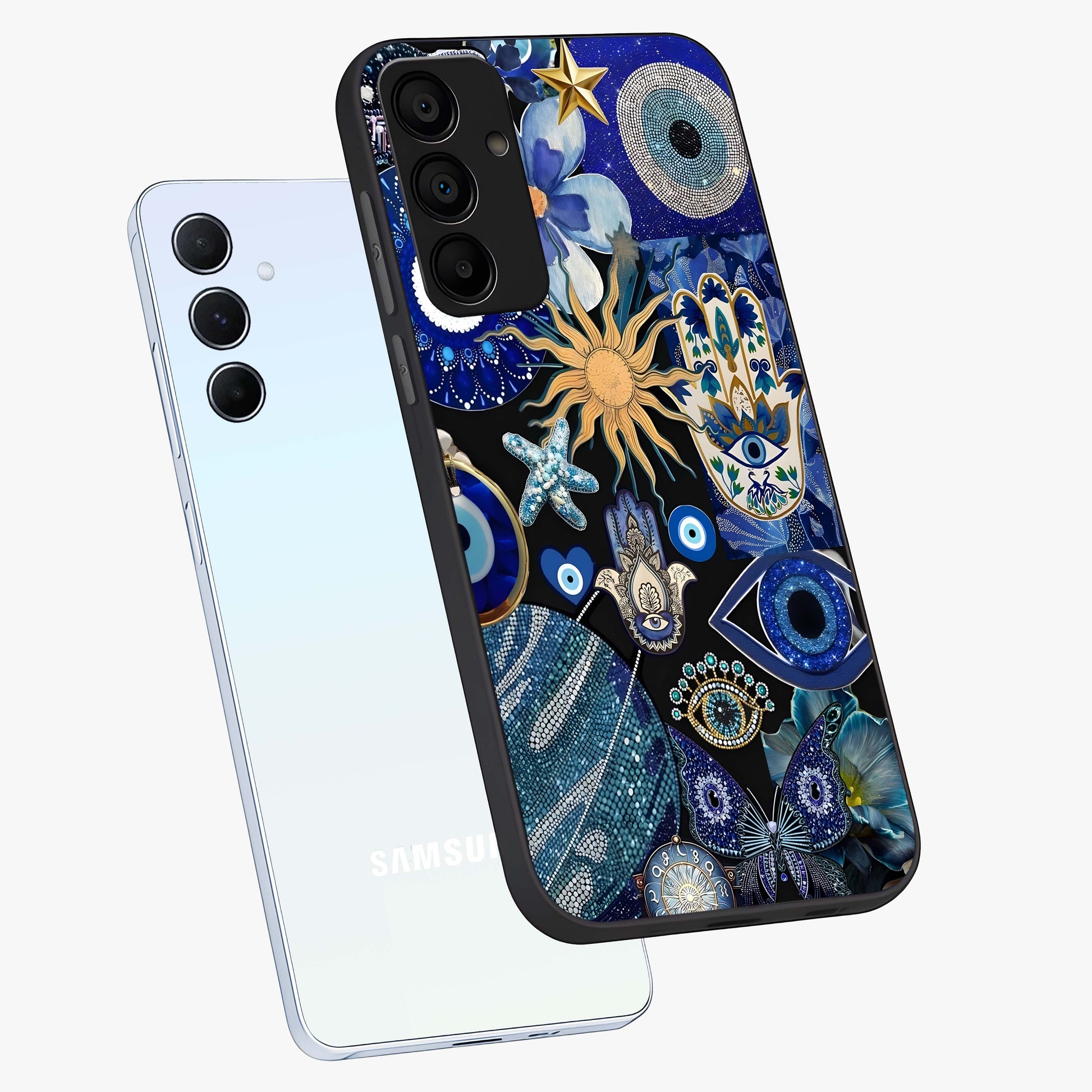 Evil Eye Charm Mix Glass Case displayed in angled mockup highlighting protective evil eye symbols with spiritual aesthetic design.