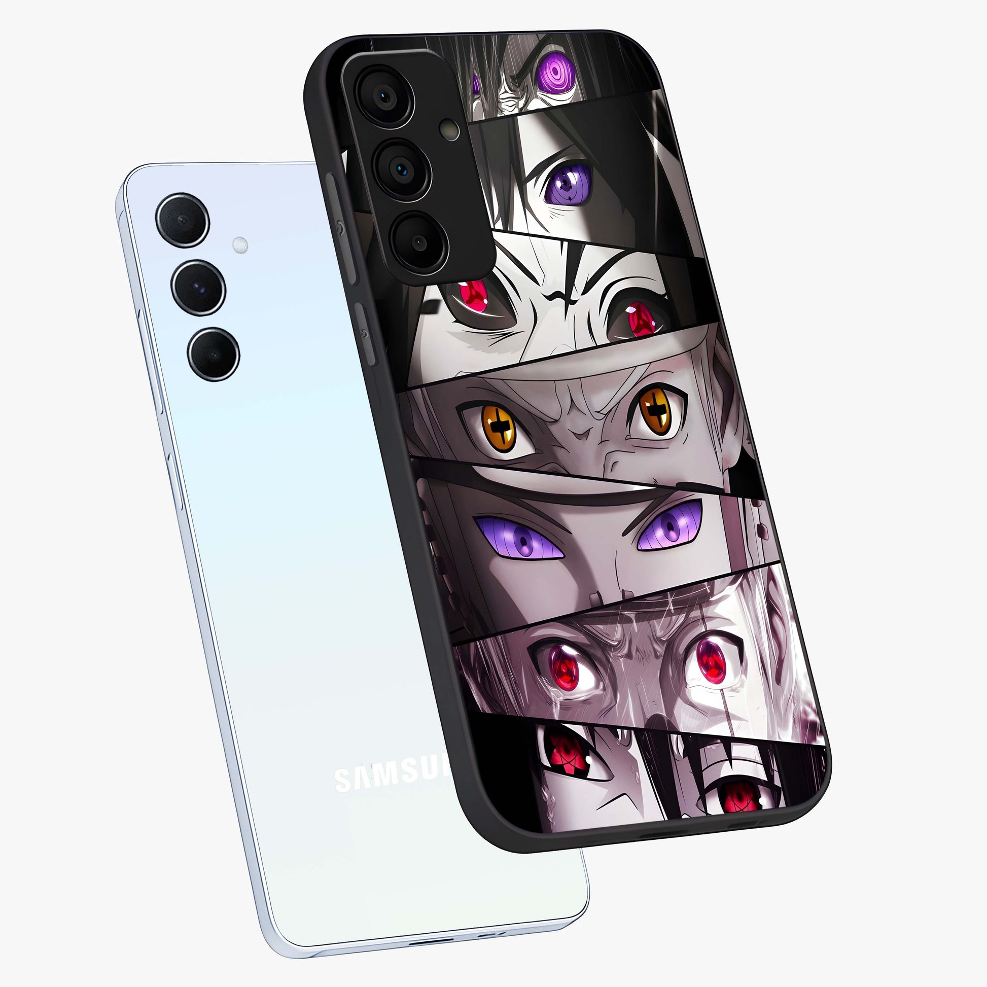 Eyes of Destiny Glass Case displayed in angled mockup highlighting bold eye illustration with mystical aesthetic style.