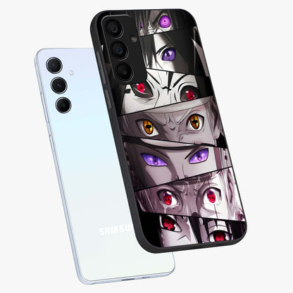 Eyes of Destiny Glass Case displayed in angled mockup highlighting bold eye illustration with mystical aesthetic style.