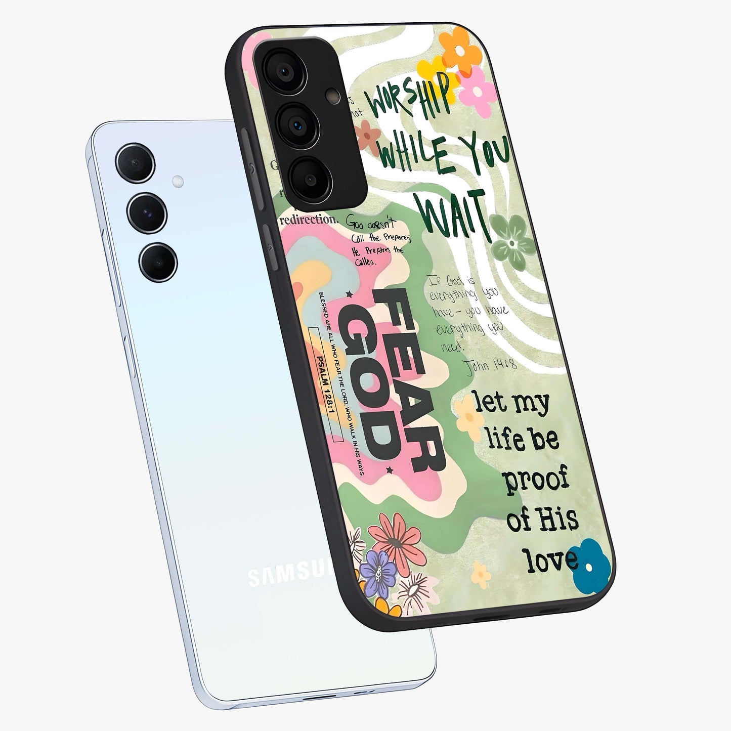 Faith Over Fear Glass Case displayed in angled mockup highlighting inspirational message design with modern aesthetic style.
