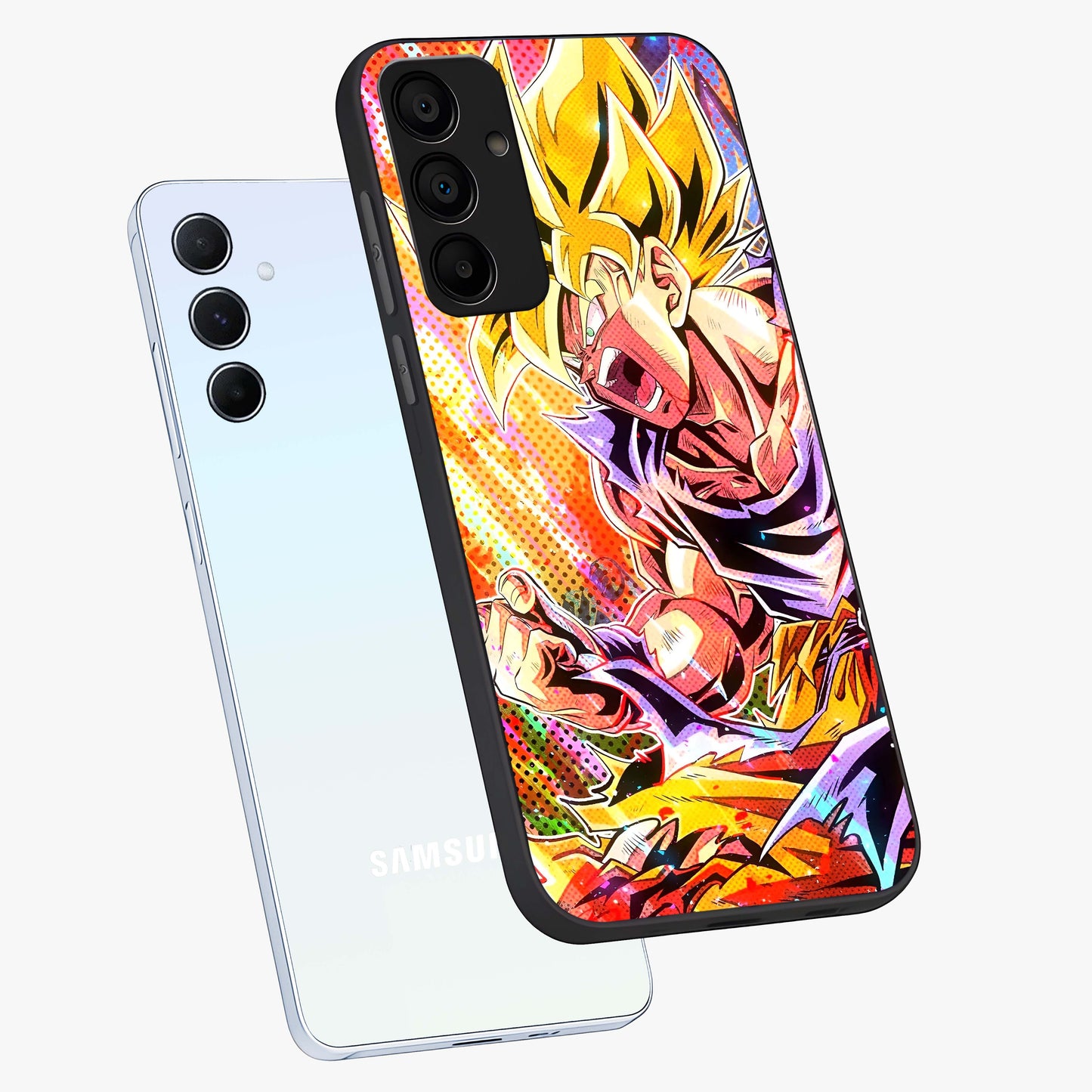 Firing Goku Glass Case displayed in angled mockup highlighting dynamic anime character design with action aesthetic.