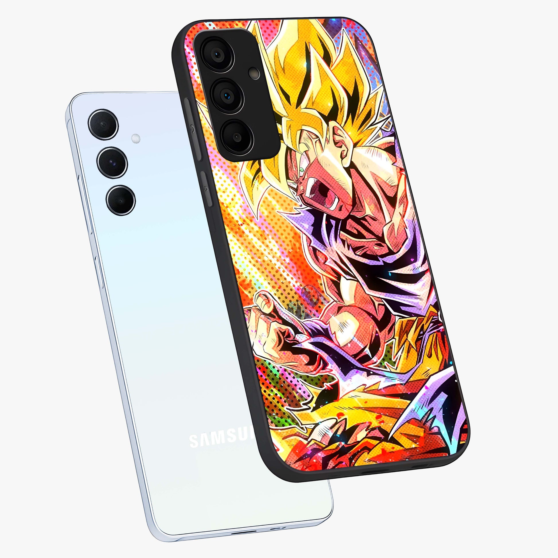 Firing Goku Glass Case displayed in angled mockup highlighting dynamic anime character design with action aesthetic.