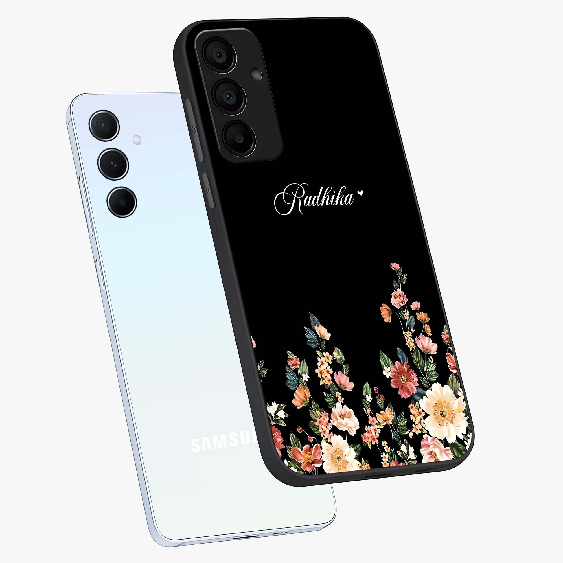 Floral Design With a Custom Personalized Name Glass Case displayed in angled mockup highlighting elegant floral pattern with custom name feature.