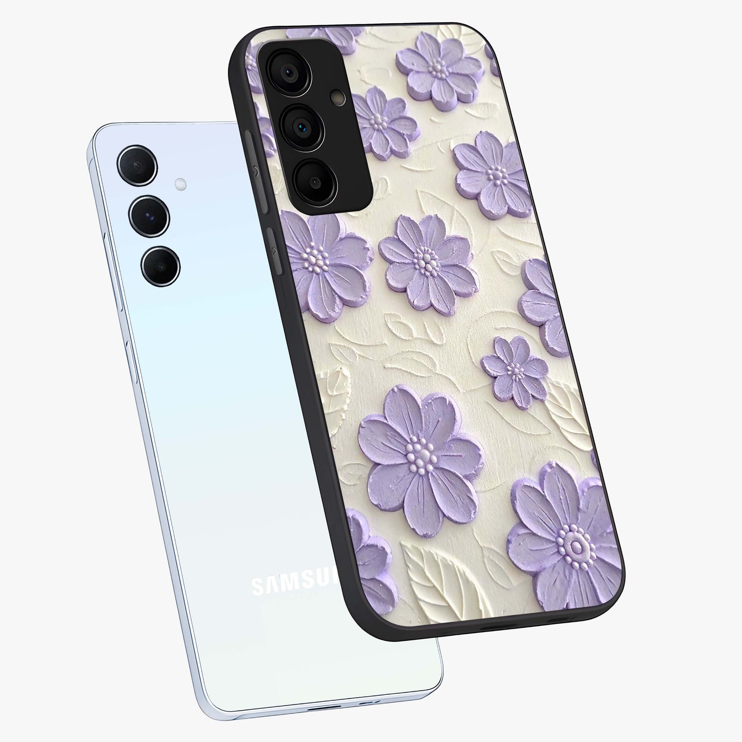Floral Wall Art With Purple Flowers Glass Case displayed in angled mockup highlighting vibrant purple floral illustration with artistic aesthetic.