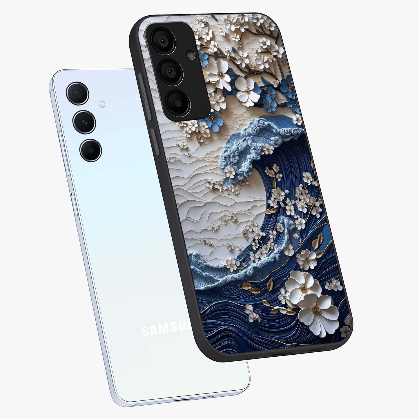 Floral Wave Origami Glass Case displayed in angled mockup highlighting geometric origami flower design with modern aesthetic style.