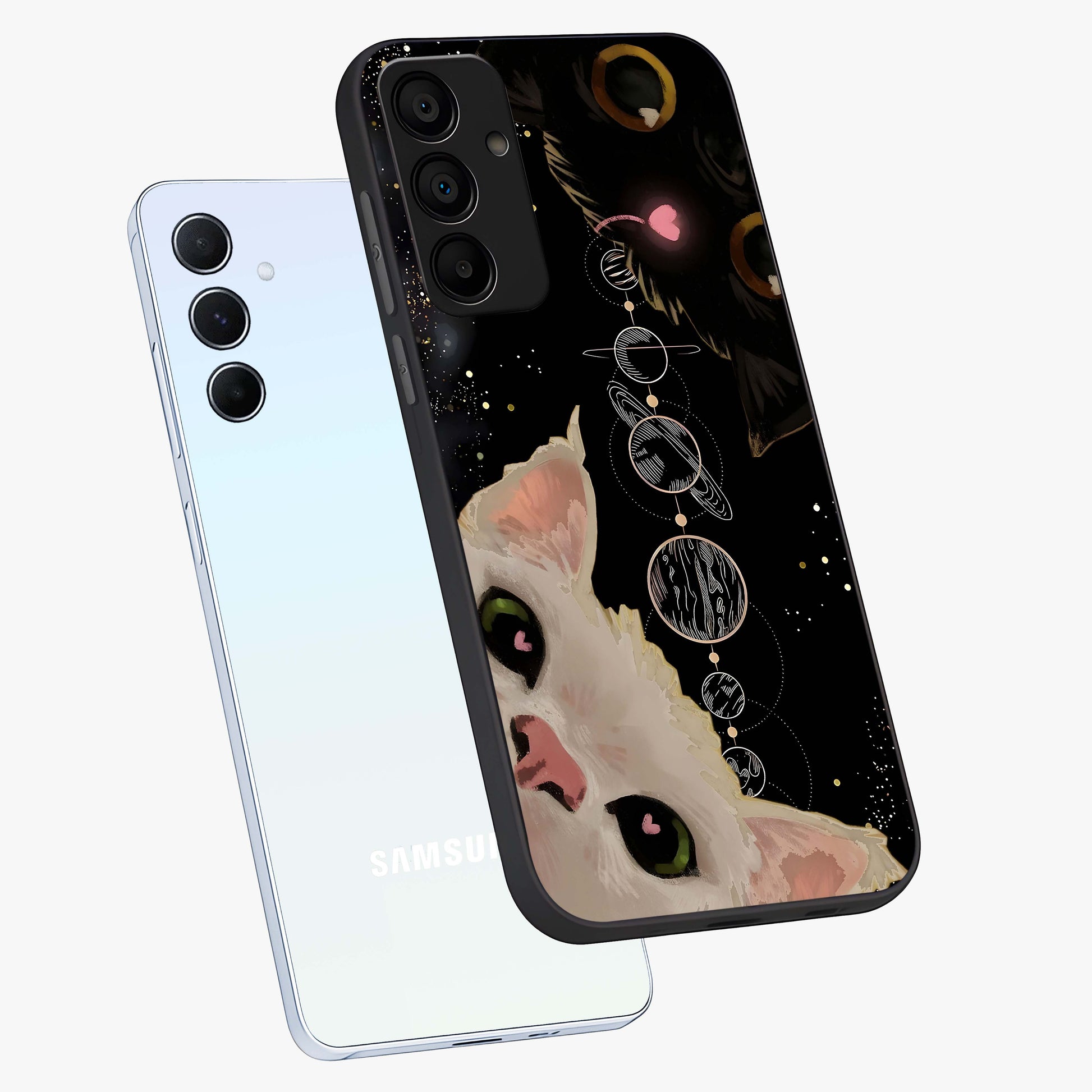 Galactic Cat Glass Case displayed in angled mockup highlighting celestial feline illustration with galaxy aesthetic style.