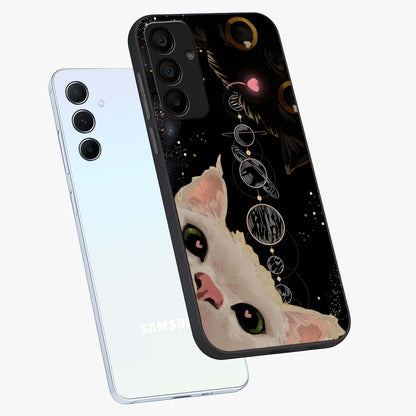 Galactic Cat Glass Case displayed in angled mockup highlighting celestial feline illustration with galaxy aesthetic style.