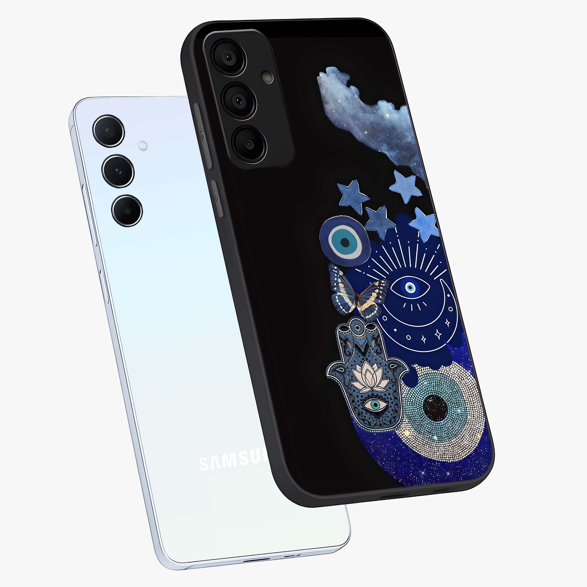 Galactic Charm Cluster Glass Case displayed in angled mockup highlighting luminous galaxy inspired design with dreamy aesthetic.