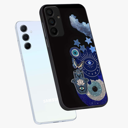 Galactic Charm Cluster Glass Case displayed in angled mockup highlighting luminous galaxy inspired design with dreamy aesthetic.