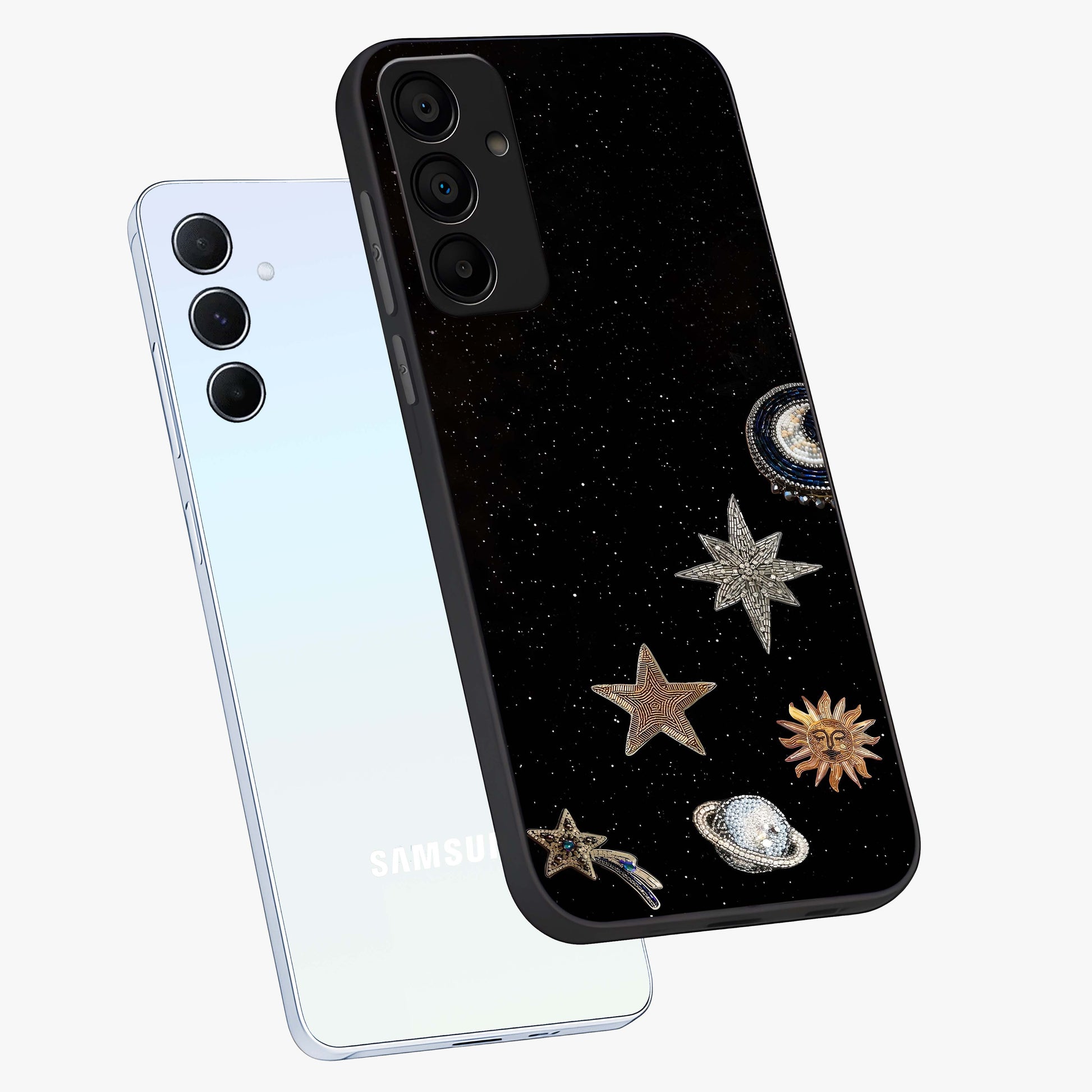 Galactic Charm Glow Glass Case displayed in angled mockup highlighting luminous galaxy inspired design with dreamy aesthetic.