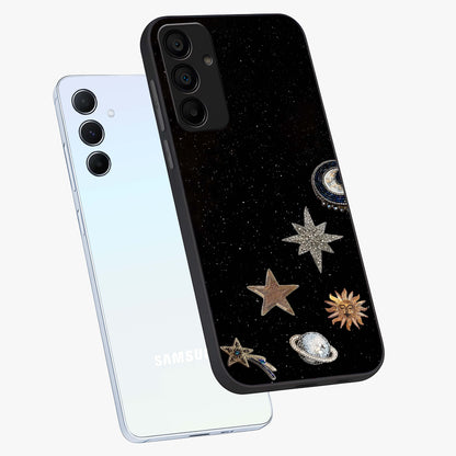 Galactic Charm Glow Glass Case displayed in angled mockup highlighting luminous galaxy inspired design with dreamy aesthetic.