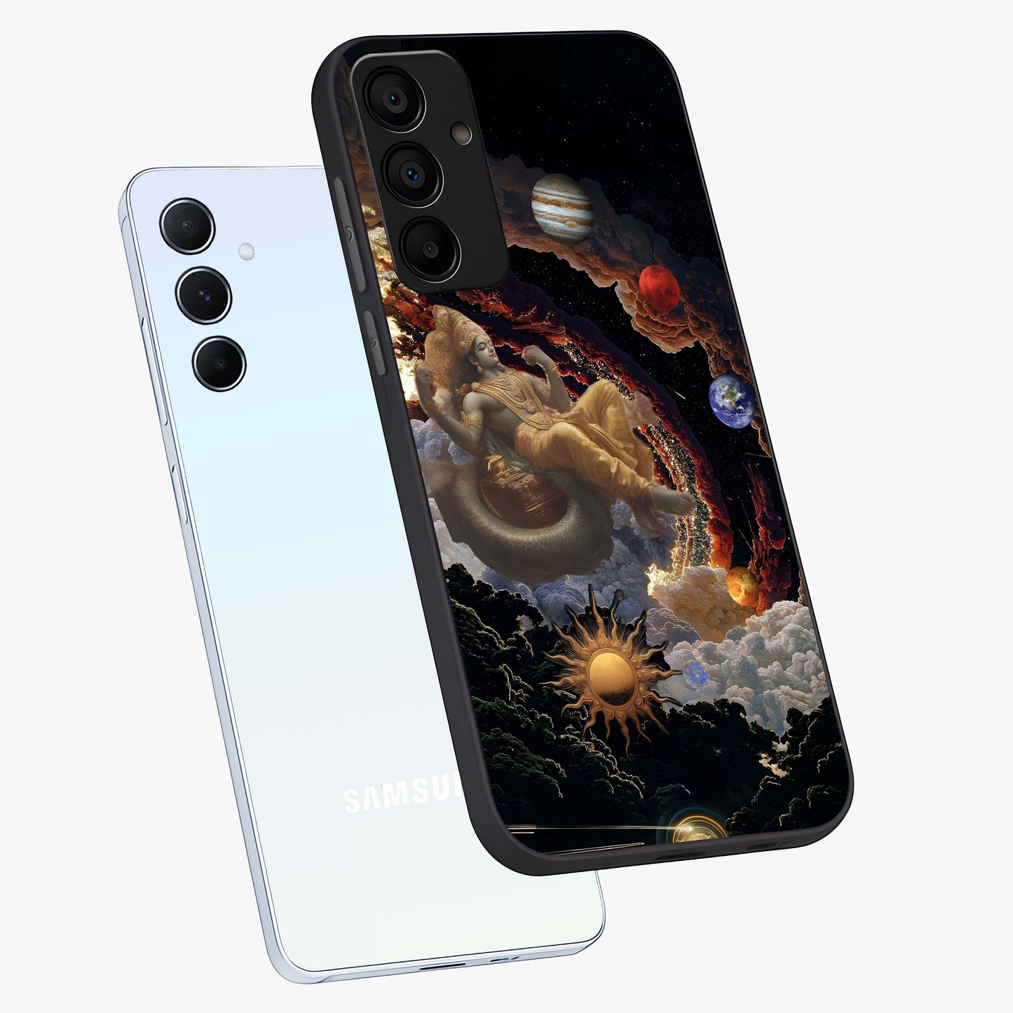 Galactic Divine God Glass Case displayed in angled mockup highlighting powerful celestial deity illustration with galactic aesthetic.