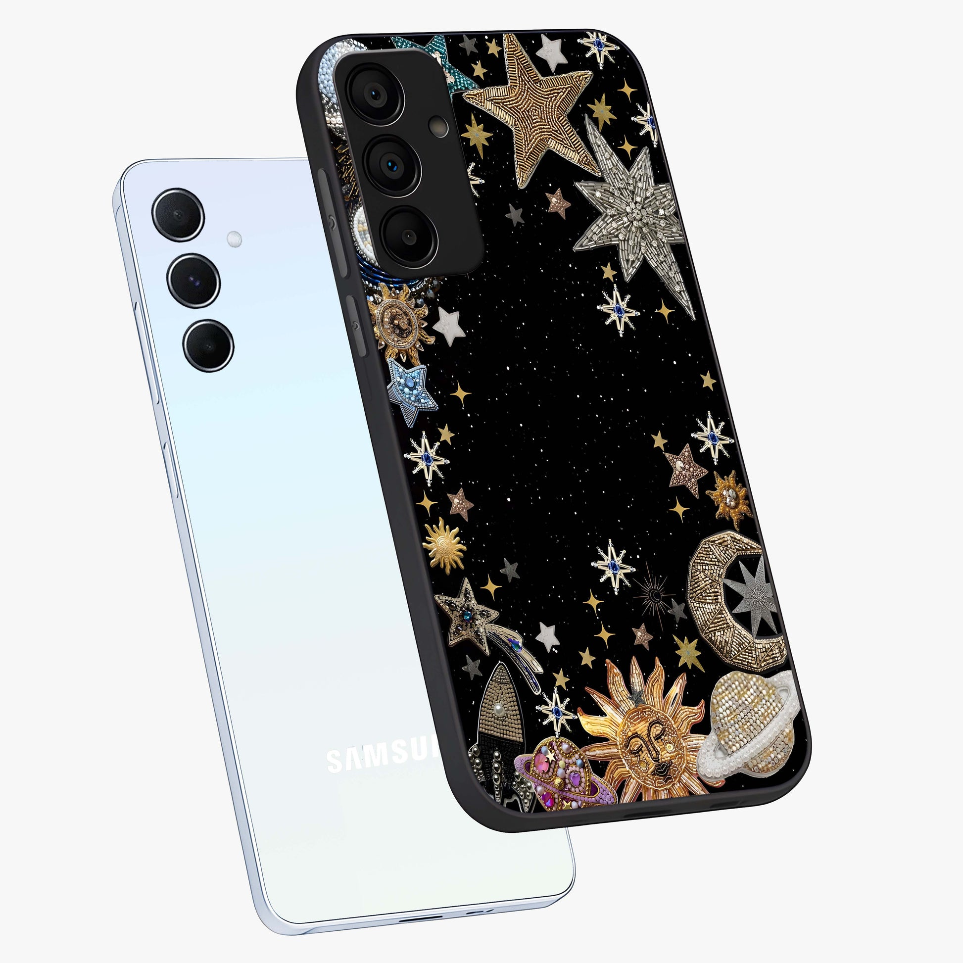 Galactic Jewel Stars Glass Case displayed in angled mockup highlighting shining celestial star design with cosmic aesthetic style.