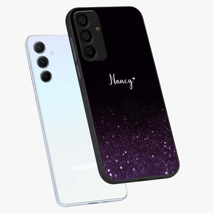 Glittery Purple Bokeh Custom Name Glass Case displayed in angled mockup highlighting glitter bokeh pattern with custom name feature.