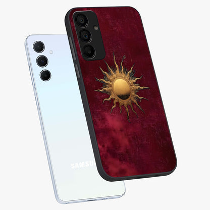 Golden Sun Minimalism Glass Case displayed in angled mockup highlighting clean sun symbol design with modern minimal aesthetic.