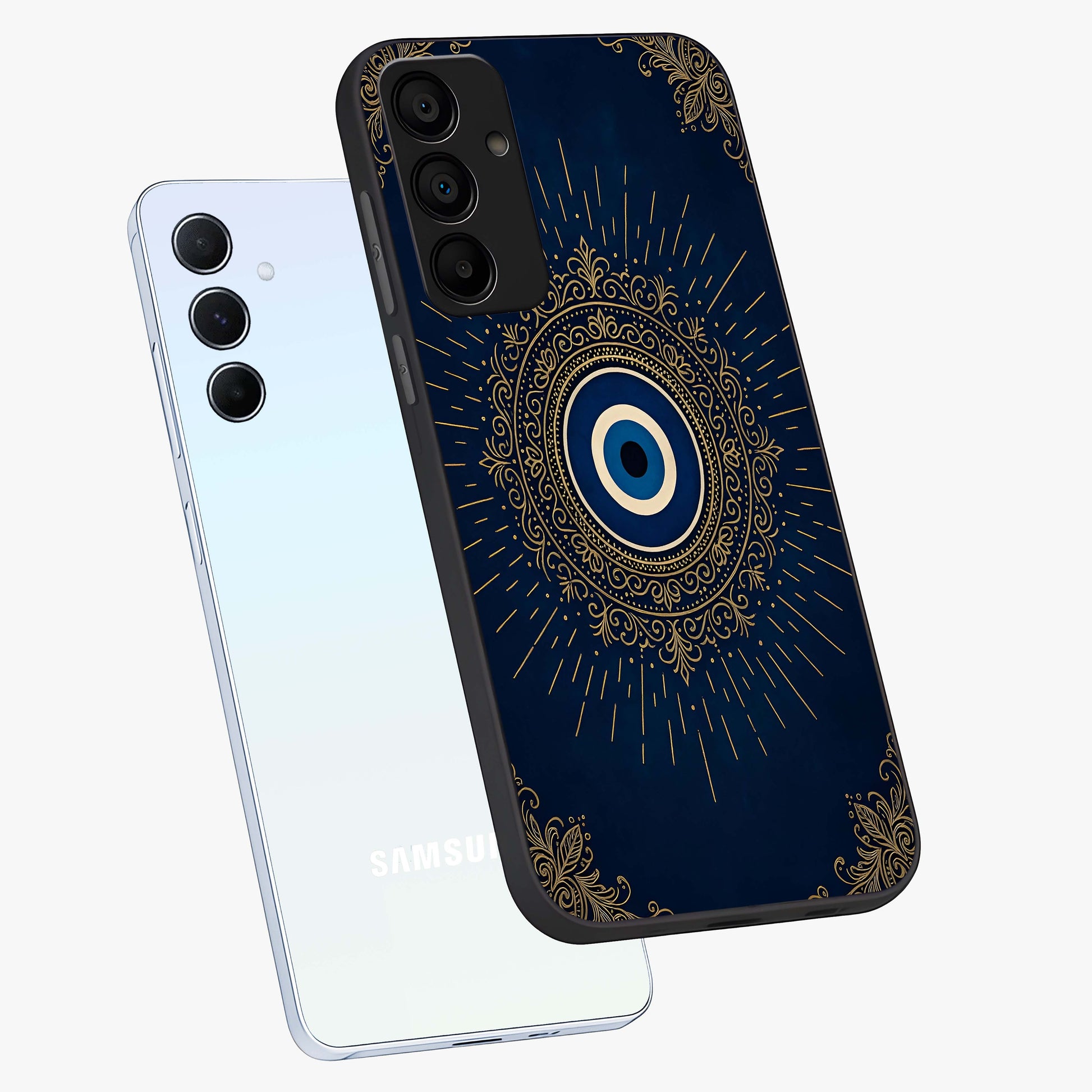 Golden Celestial Charm Glass Case displayed in angled mockup highlighting sparkling cosmic charm design with celestial aesthetic.